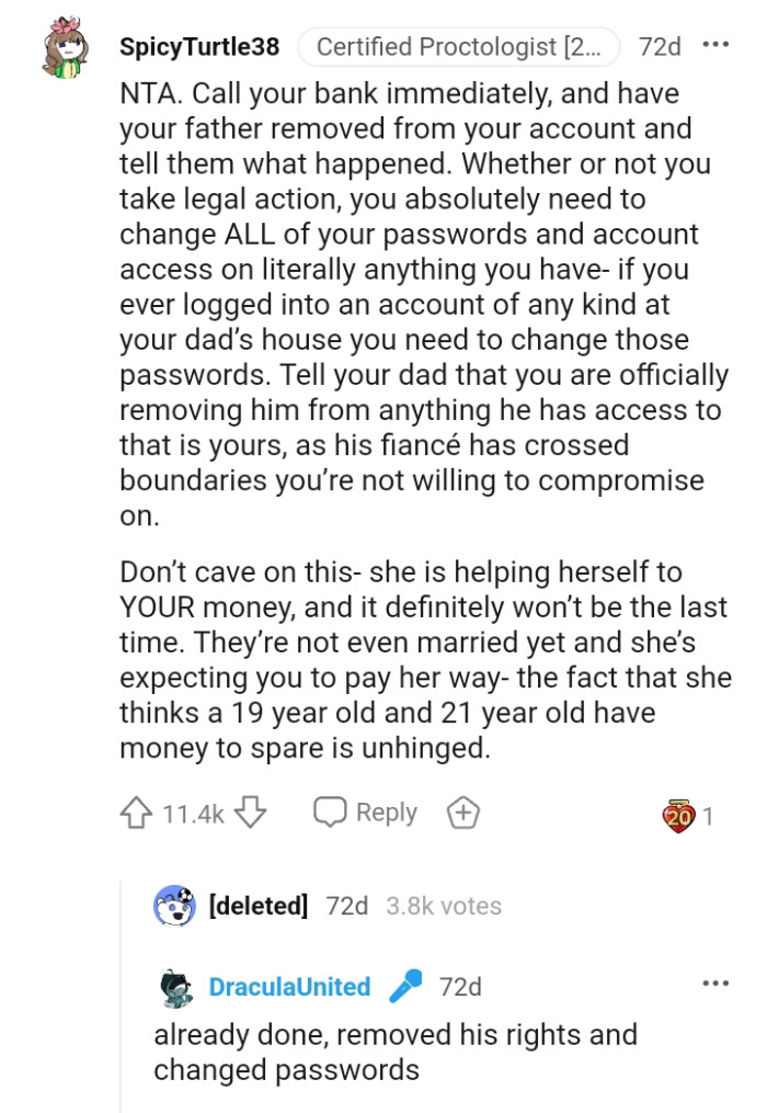 Telling the dad that he's officially removing him from having access to anything that's his