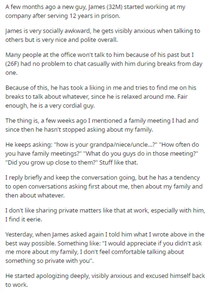 OP's post explained the background on the coworker while also clarifying that she simply didn't want to share her personal information with him, which is fair.