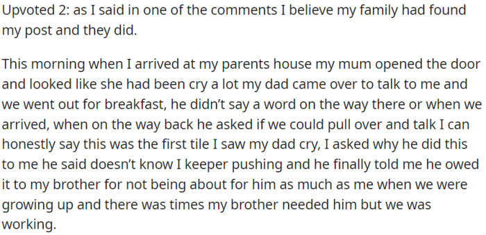 During their conversation, the father tearfully admitted feeling guilty for not being there for his other son while they were growing up, due to work commitments.