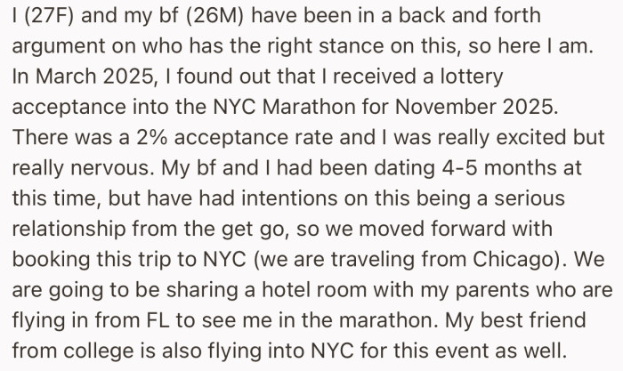 OP found out that she received a lottery acceptance into the NYC Marathon, which she would be attending with her boyfriend