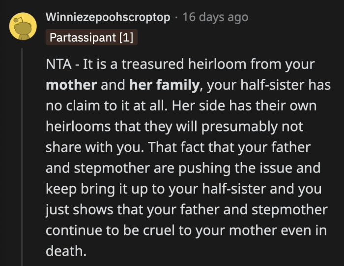Why are they using their 12-year-old daughter to hurt OP and her mom's memory? They really are terrible people.