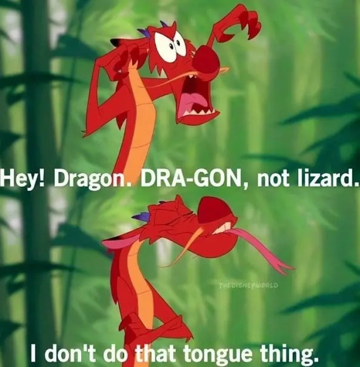 3. In Mulan, when her ancestors sent a liz—I mean dragon to help her