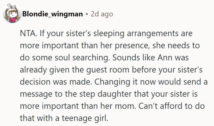 A gentle nudge that if anyone needs soul searching, it is the person choosing pillows over presence while a teenager is finally getting a holiday with her mom.