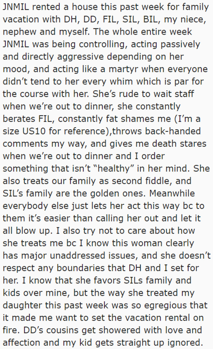 She describes the mistreatment and disparity her family experienced during the vacation.