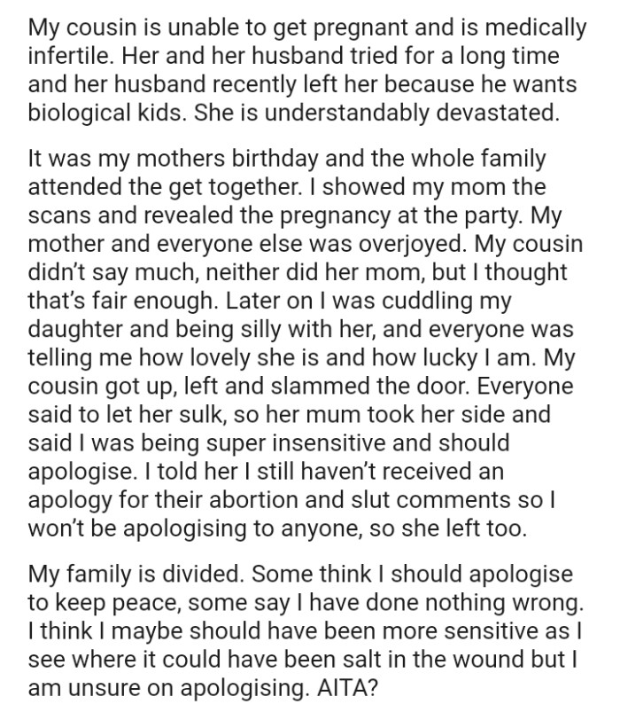 The OP's cousin didn’t say much, neither did her mom, but the OP thought that’s fair enough