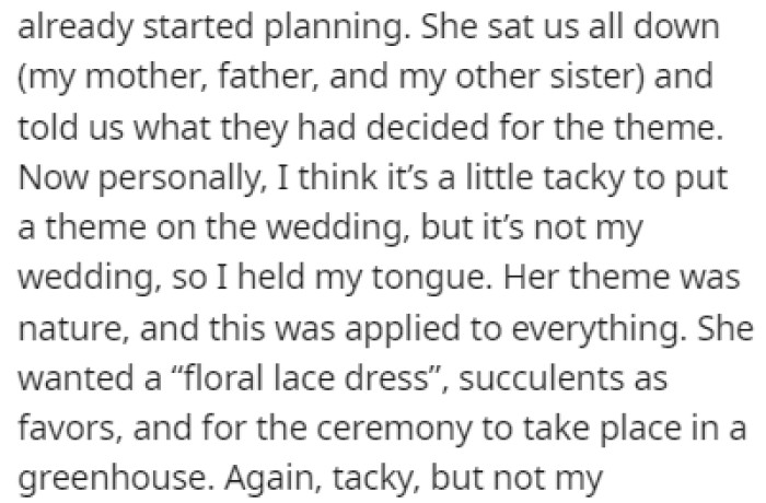 The sister wants a nature-themed wedding and OP thinks that it's all too tacky
