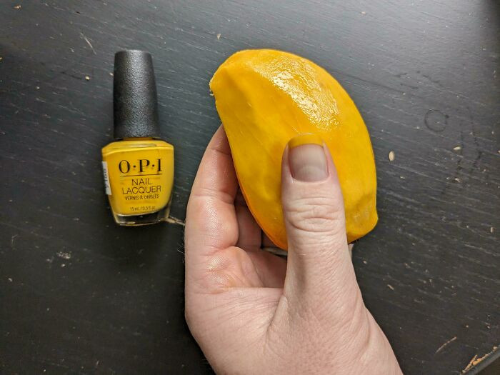 "Realizing My Nail Polish Is The Exact Color Of My Mango"