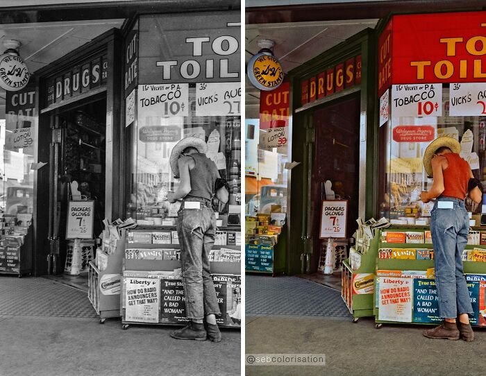 August 1939. Medford, Oregon. Farm boy on the main drugstore corner in town, by Dorothea Lange. From my book. « Back to America »