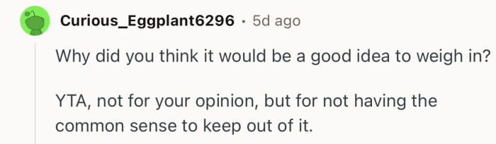 “YTA, not for your opinion, but for not having the common sense to keep out of it.”