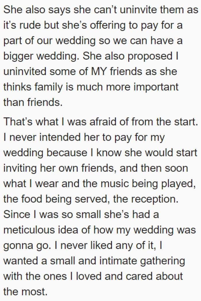 The mother wants the OP to uninvite some of the OP's friends to give way to the mother's guests.