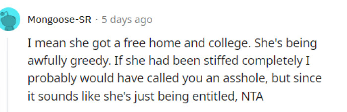 That's how we feel too because it seems that she got something, but obviously she was expecting or wanting the actual money.