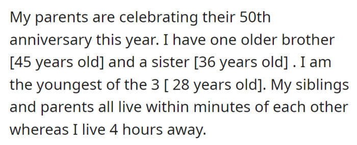 A family marks their parents' 50th anniversary, with the 28-year-old youngest sibling living four hours away while the older brother (45) and sister (36) reside just minutes apart.
