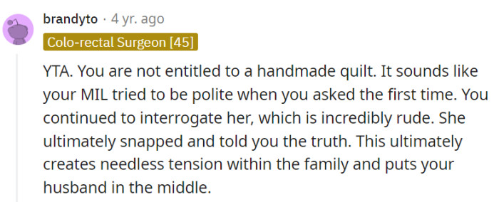 Handmade quilts are gifts of love, not demands to unravel family harmony.