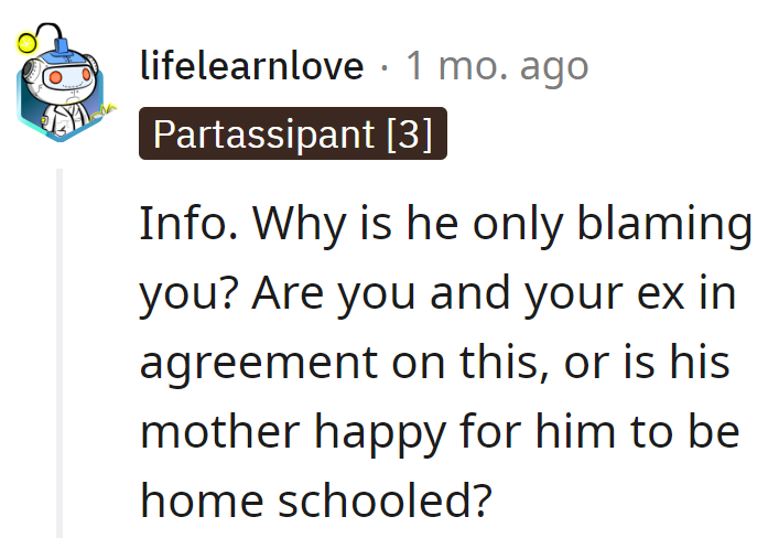 Is it a blame ping-pong, or does the ex just enjoy solo performances? This homeschool drama needs a co-star, not a one-man show!