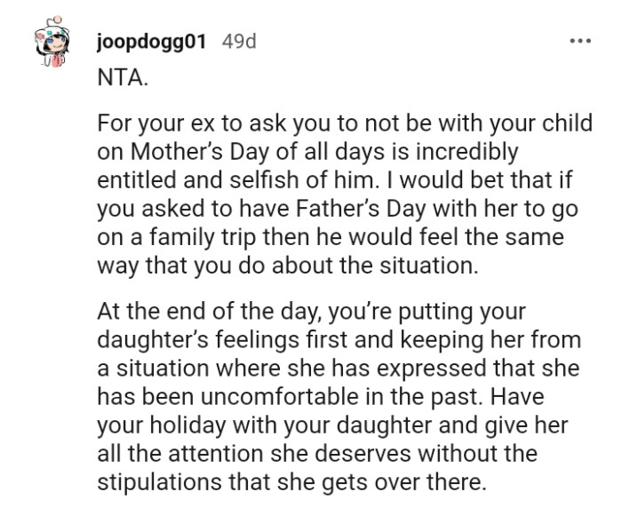 The OP is putting her daughter's feelings first