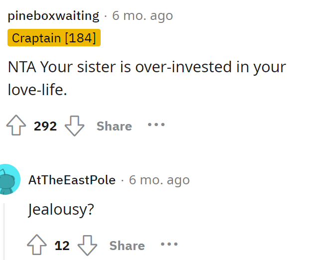 Yeah, we'd definitely agree that the sister is quite out of line here, honestly.