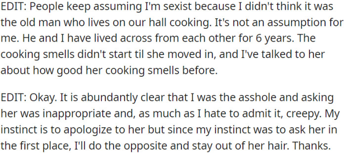 OP now realizes he was wrong to ask her about it and that it was inappropriate and creepy.