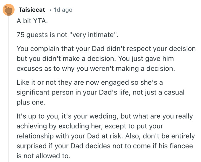 “It's up to you, it's your wedding, but what are you really achieving by excluding her, except to put your relationship with your Dad at risk.”