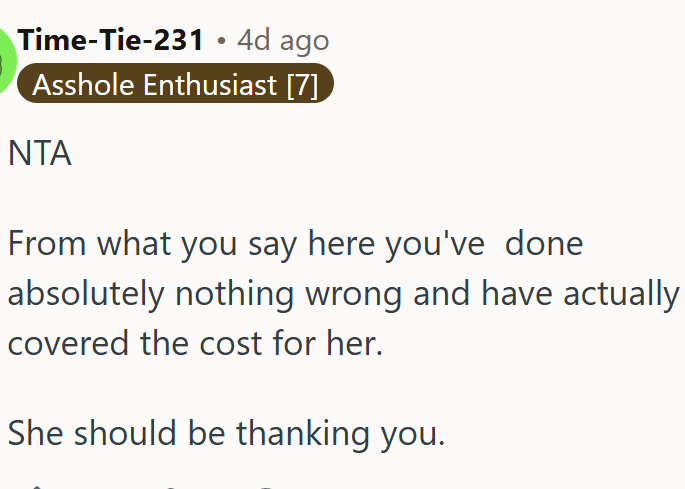 The OP covered the cost for her...