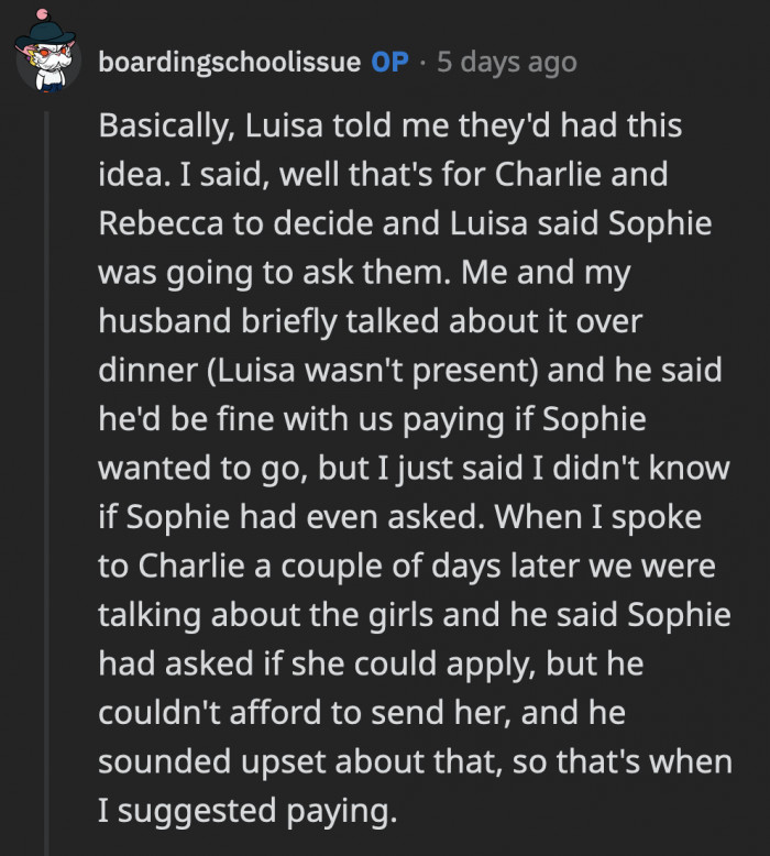 So, OP and Her Husband Discussed It Casually Over Dinner, but She Only Offered to Help After Her Brother Sounded Upset Over Not Having Enough Money to Send Sophie to Boarding School
