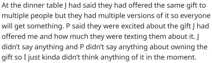 At the end of the week, the friend group went out for dinner, including P.