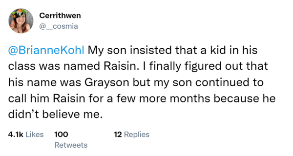 17. Mom, you're wrong. It's actually raisin