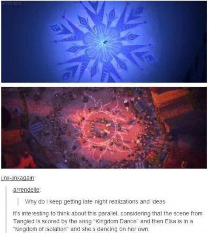 15. Tangled has a lot of sun-centered symbols, while it's snowflakes in Frozen