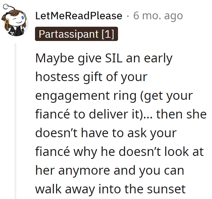 Early gift plan: ring delivery via fiancé to SIL. No drama, just a ringless sunset stroll.