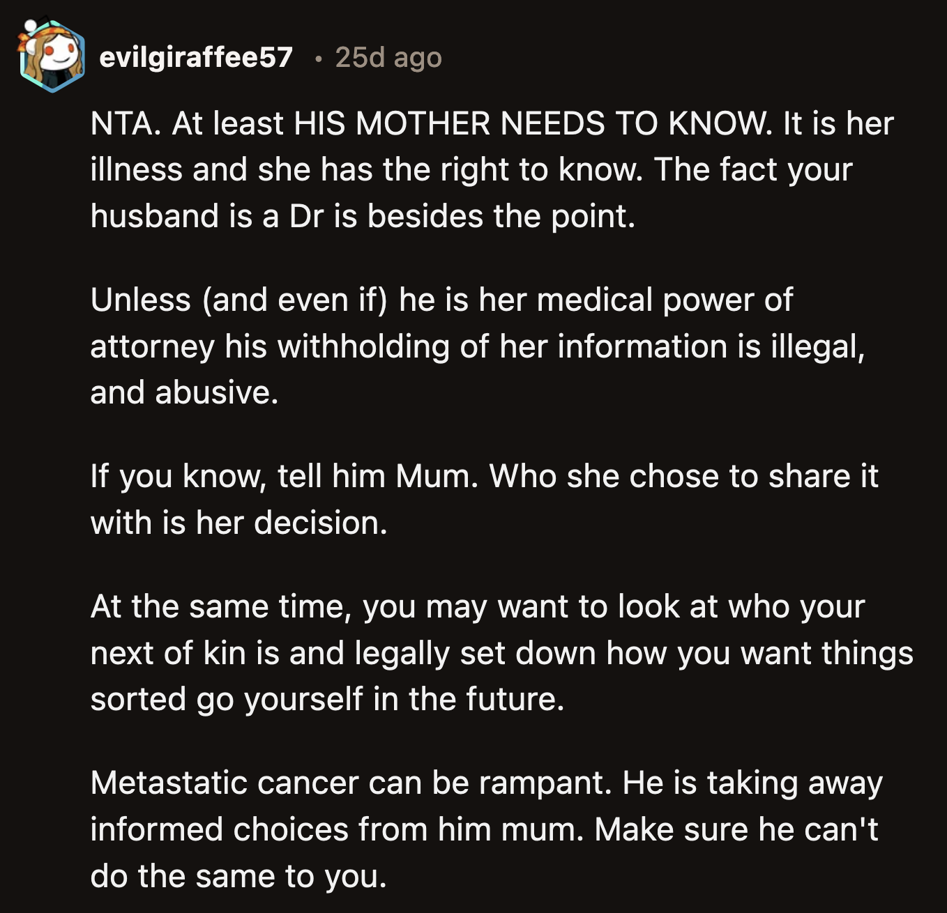 Redditors wanted OP to ensure that her husband wouldn't do the same to her about her health in the future.