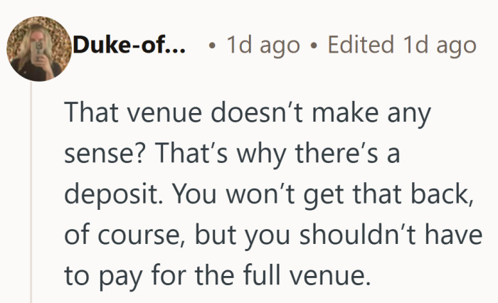 A deposit is painful enough. Being charged for the whole venue when no wedding happens is a rough surprise.