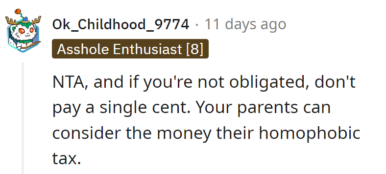 They're not obligated, so not a cent should be paid. Let their parents consider it their 'homophobic tax.'