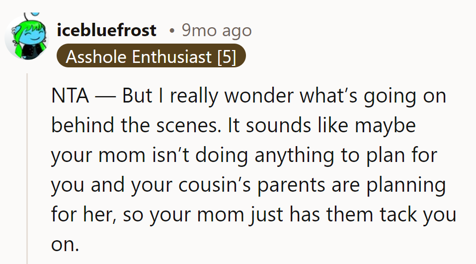 Mom's party planning went MIA, while the cousin's parents ordered the deluxe package with extra glitter.