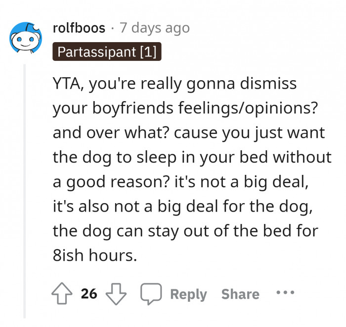 The dog over your boyfriend's concern of not getting enough sleep.