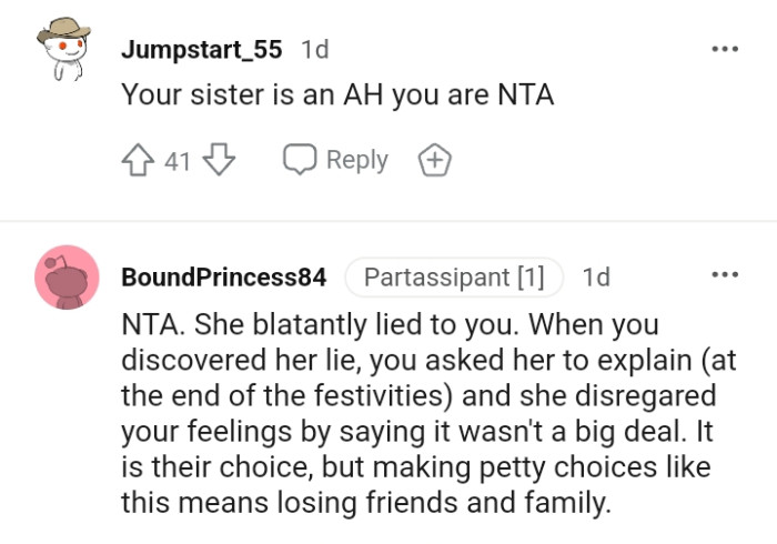The OP's Sister Blatantly Lied to Him