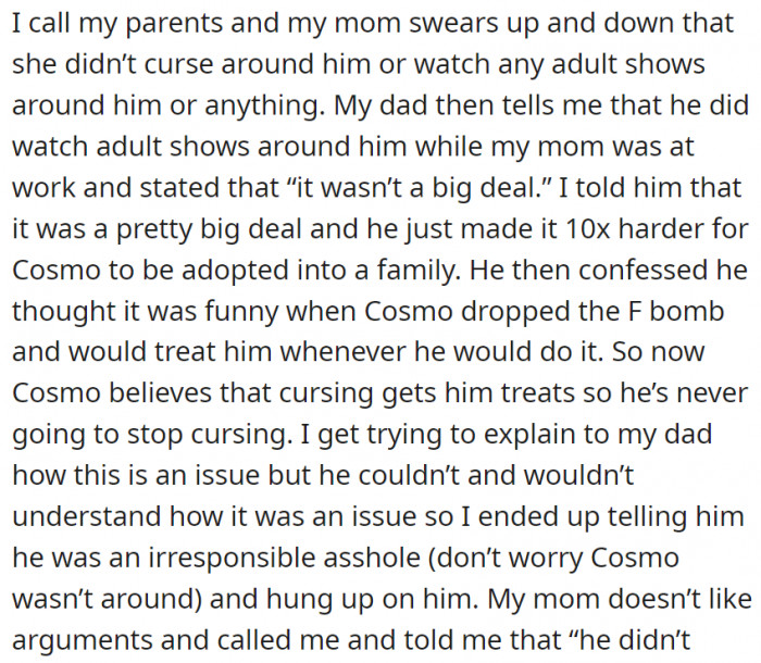 OP calls her parents—her mom swears she didn’t curse or watch any adult shows when Cosmo was there, but her dad did.