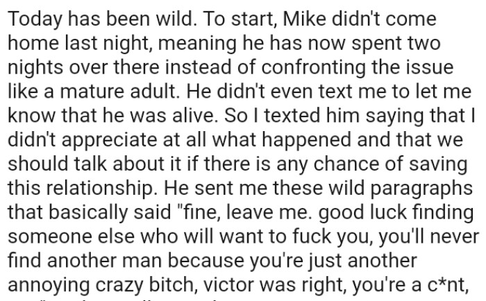 OP texted boyfriend saying that she didn't appreciate what happened