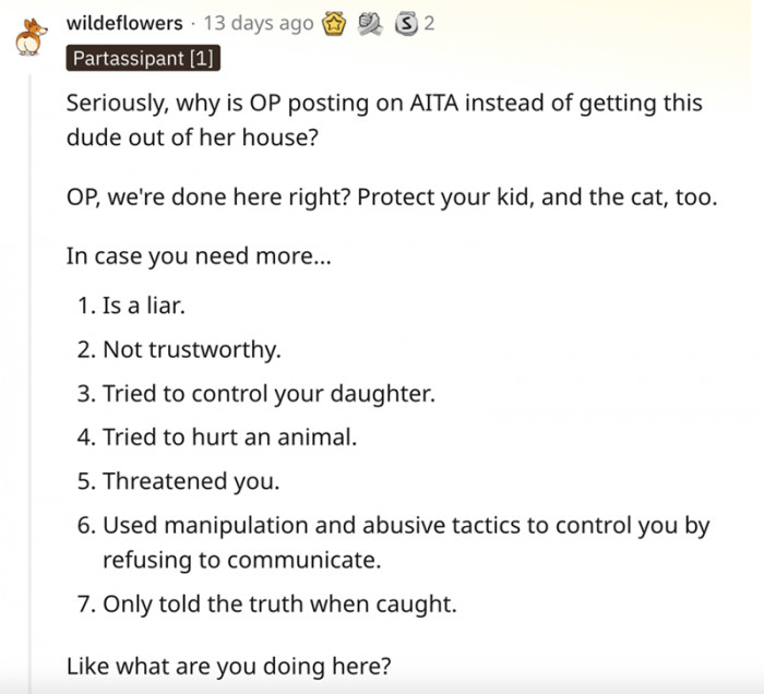 This commenter is screaming that it's time for the OP to protect her kid and the cat too