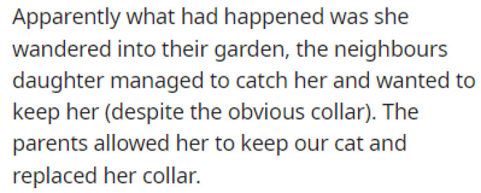 The neighbors found the cat in their garden and their daughter caught it
