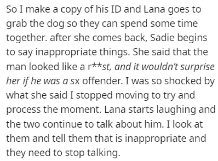 Sadie started saying inappropriate things about a man who came in to adopt a dog