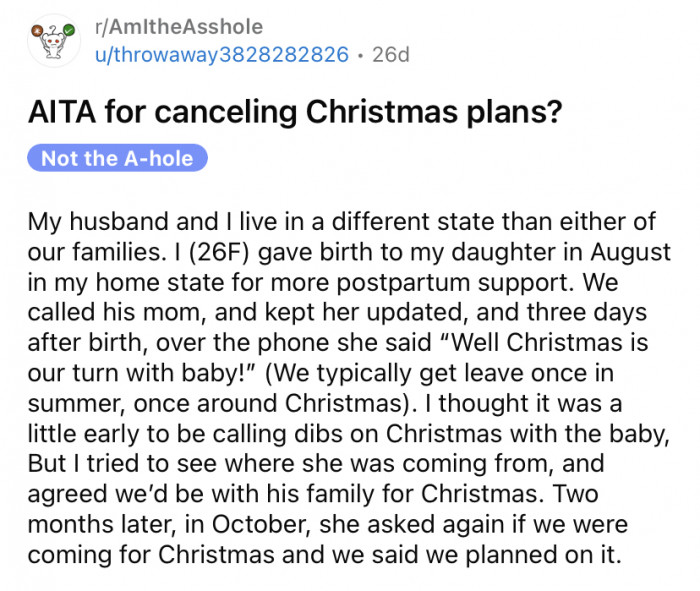The Redditor recently shared the story about how they had planned to spend Christmas with her husband's family.