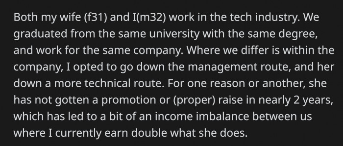 This is how the imbalance with OP and his wife started in terms of careers