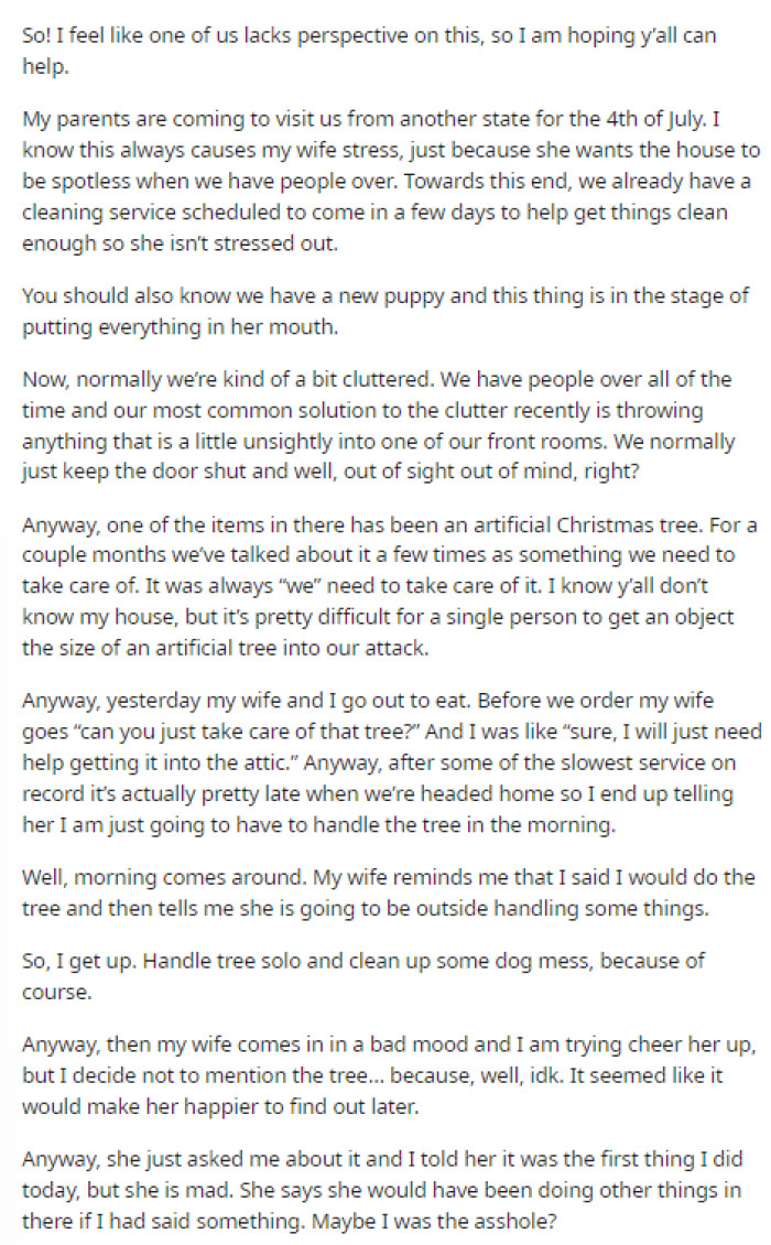 OP's post was to the point, and he provided details about everything that happened while stating that he wants to know if he's the TA for not telling his wife when he finished the task she asked him to do.