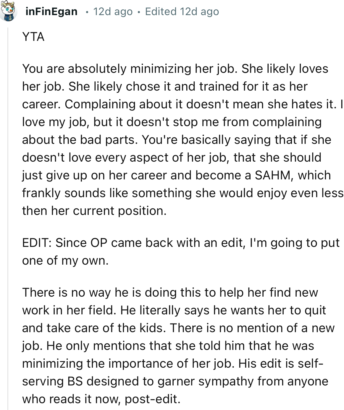 “Complaining about her job doesn't mean she hates it. I love my job, but it doesn't stop me from complaining about the bad parts.”