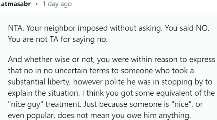 You Have the Right to Say No When Your Neighbor Imposes Without Asking, Regardless of Their Politeness or Popularity