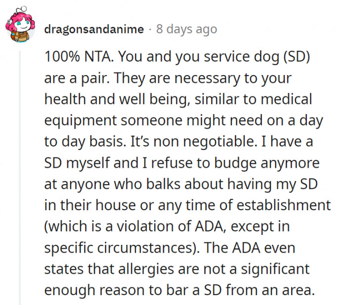 15. OP's PTSD service dog is a non-negotiable companion to her