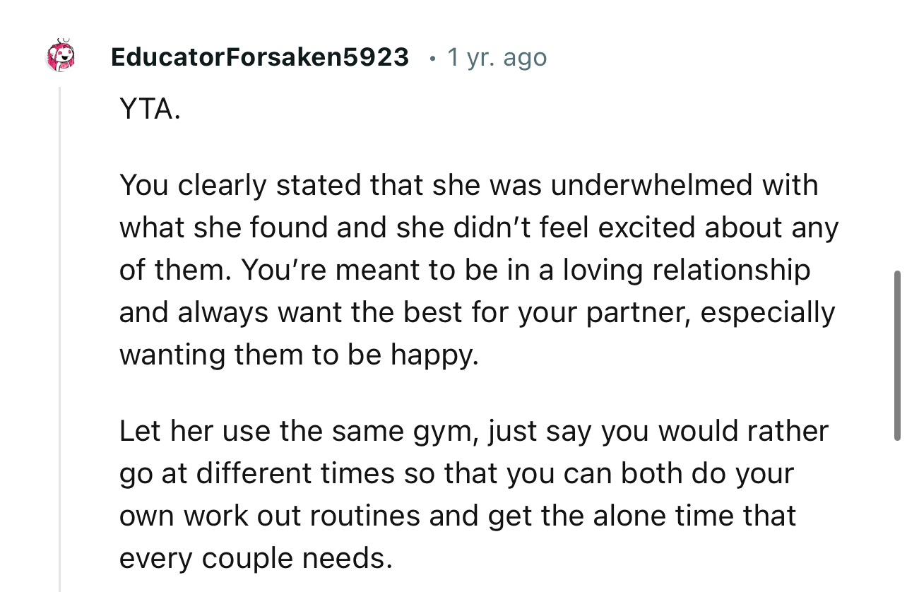 “YTA… Let Her Use the Same Gym, Just Say You Would Rather Go at Different Times.”