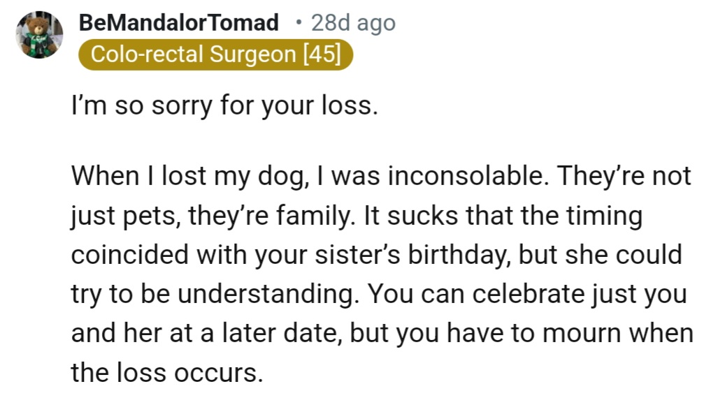 “It sucks that the timing coincided with your sister’s birthday, but she could try to be understanding.”
