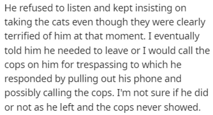 The Roommate Insisted on Taking the Cats, So OP Told Him That She Would Call the Police