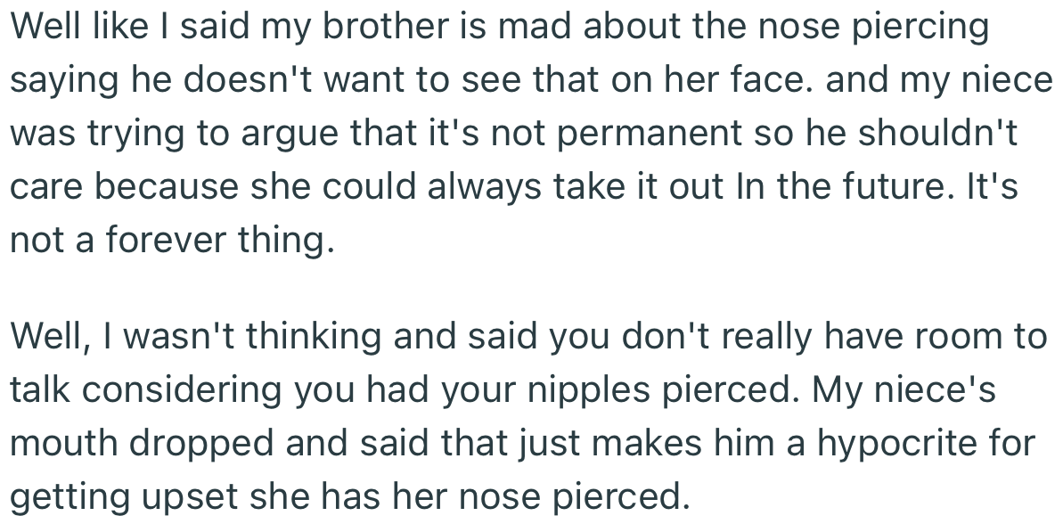 OP mistakenly revealed to his niece that her dad got his nipples pierced when they were younger