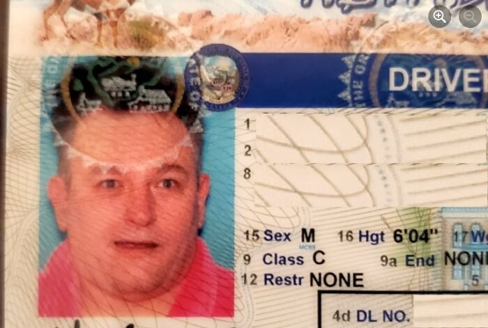3. “I have a long-standing battle with my buddy for the most ridiculous photo ID. My wife suggested I wear my mother’s hot pink bathrobe and ‘Gary Busey’ my hair for my new driver’s license photo, so I did.”